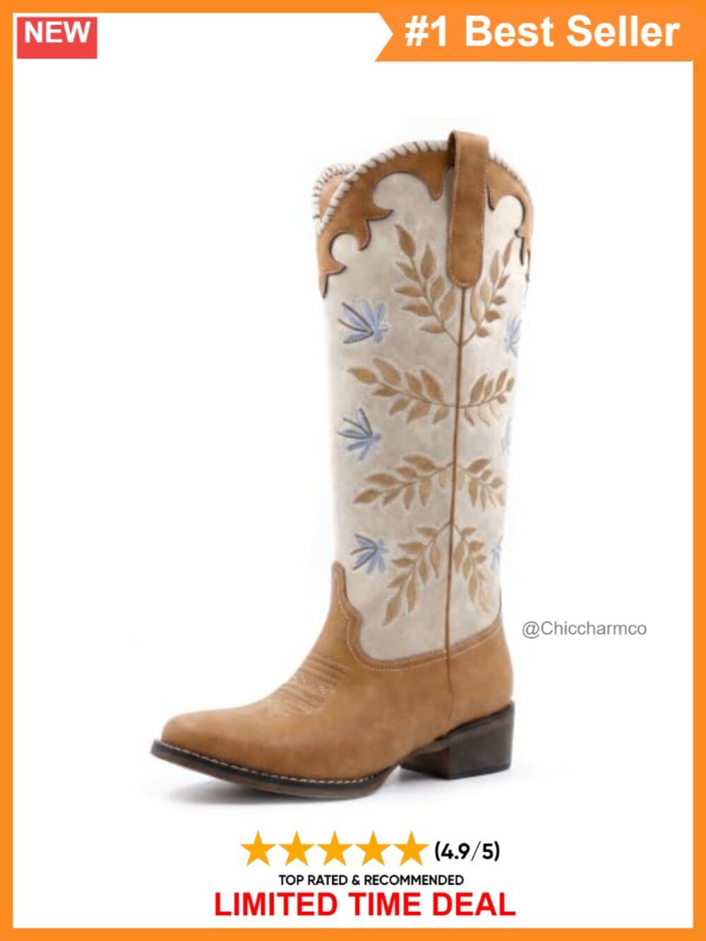 Womens Cowboy Boots Leaf Embroidered Knee High Pull On Chunky Heel Western